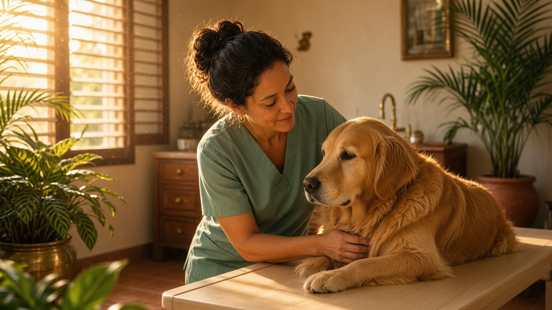 Atención calmada a un perro en la mesa de consulta