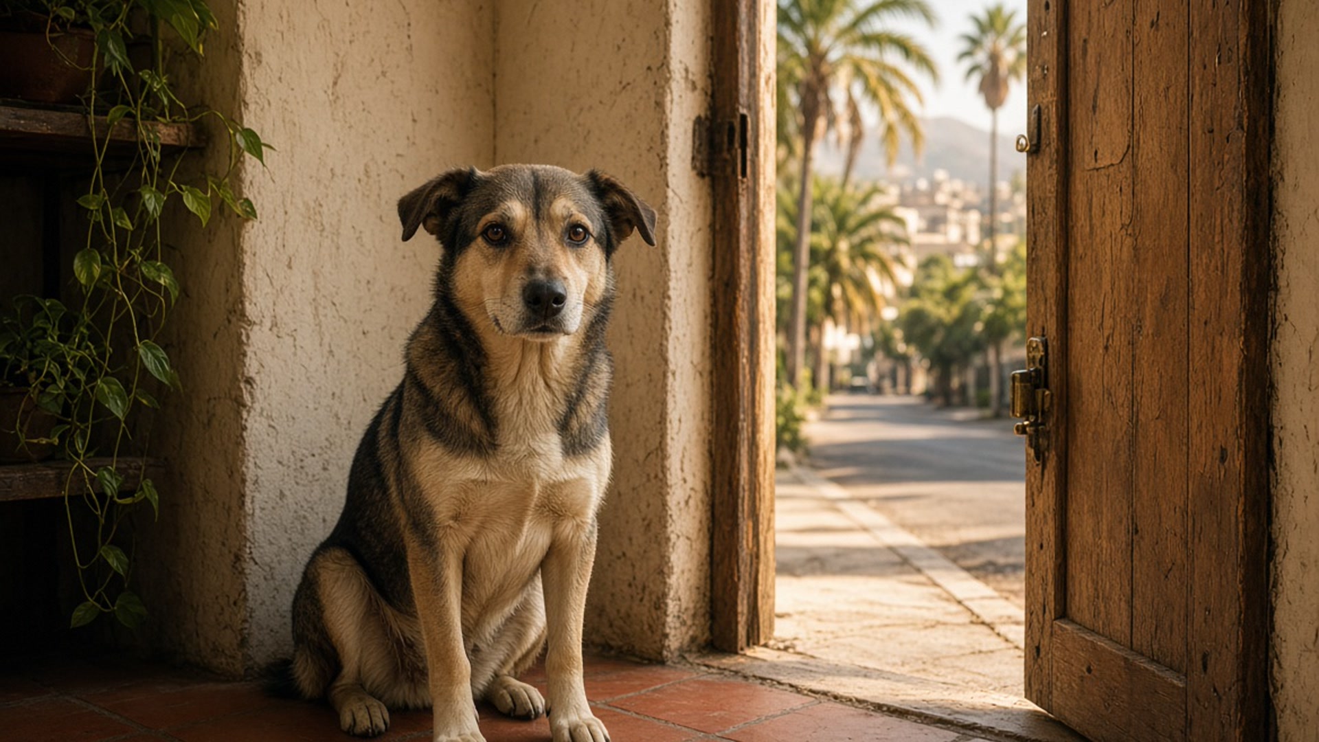 Perro esperando en el umbral de la veterinaria
